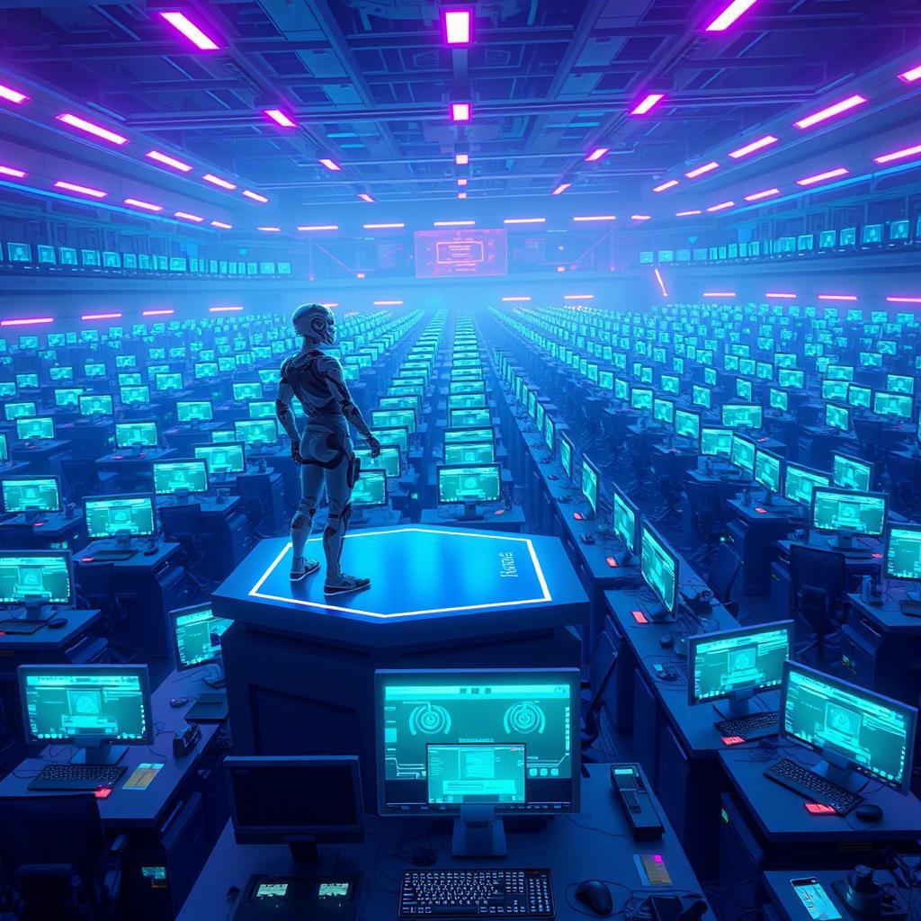 AI agent supervising rows of computers